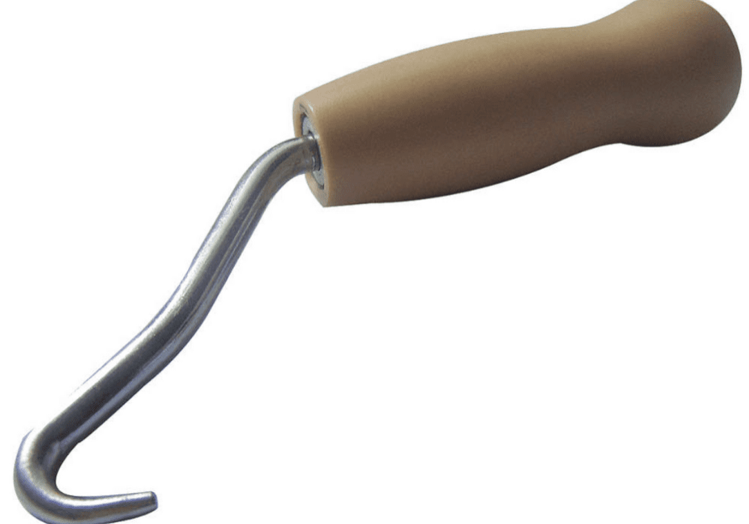 Here's an alt tag for the image: Curved hook tool with wooden handle.